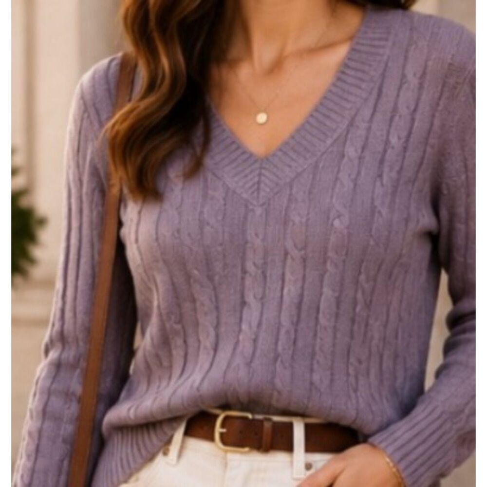 LOFT Lavender Cable Knit V-Neck Long Sleeve Sweater Rabbit Hair Blend Medium